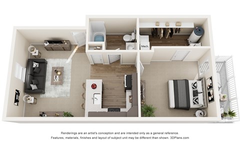 A 3D floor plan of a small apartment with a kitchen, living room, and bedroom.